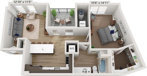Floor plan for 1 bed, 1 bath, 805 sqft